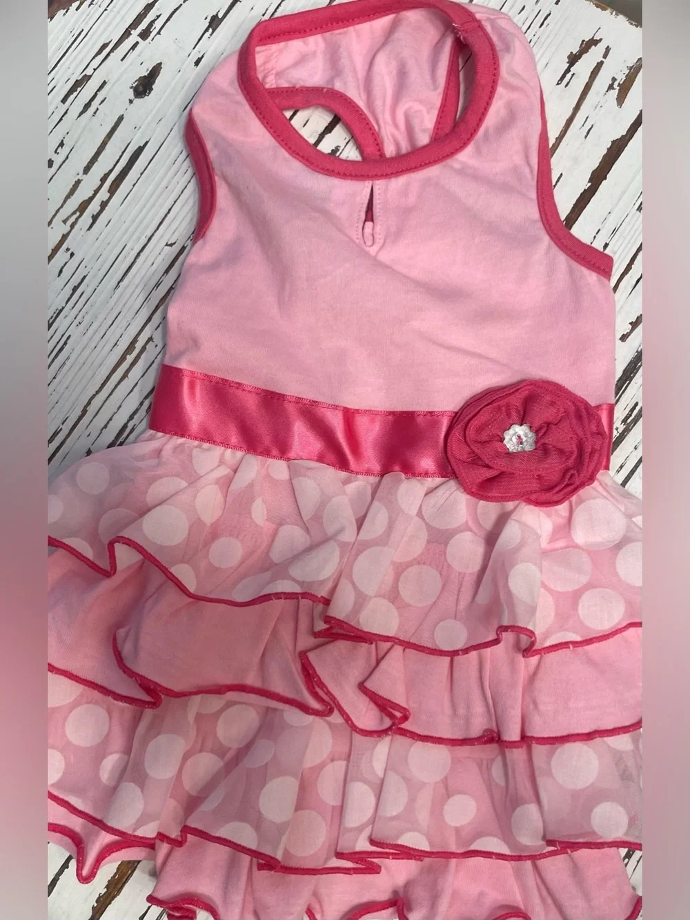 Pink Ruffled Polka Dot Dog Dress with Satin Waistband XS